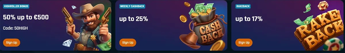 “Three casino promo cards: ‘Highroller Bonus 50% up to €500 (code: 50HIGH)’ with a cartoon cowboy, ‘Weekly Cashback up to 25%’ with a cash bag and coins, and ‘Rakeback up to 17%’ with large ‘RAKE BACK’ text, each with a ‘Sign Up’ button.”