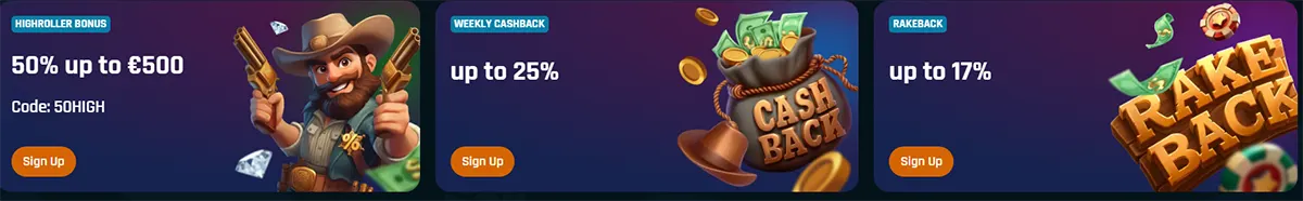 “Three casino promo cards: ‘Highroller Bonus 50% up to €500 (code: 50HIGH)’ with a cartoon cowboy, ‘Weekly Cashback up to 25%’ with a cash bag and coins, and ‘Rakeback up to 17%’ with large ‘RAKE BACK’ text, each with a ‘Sign Up’ button.”