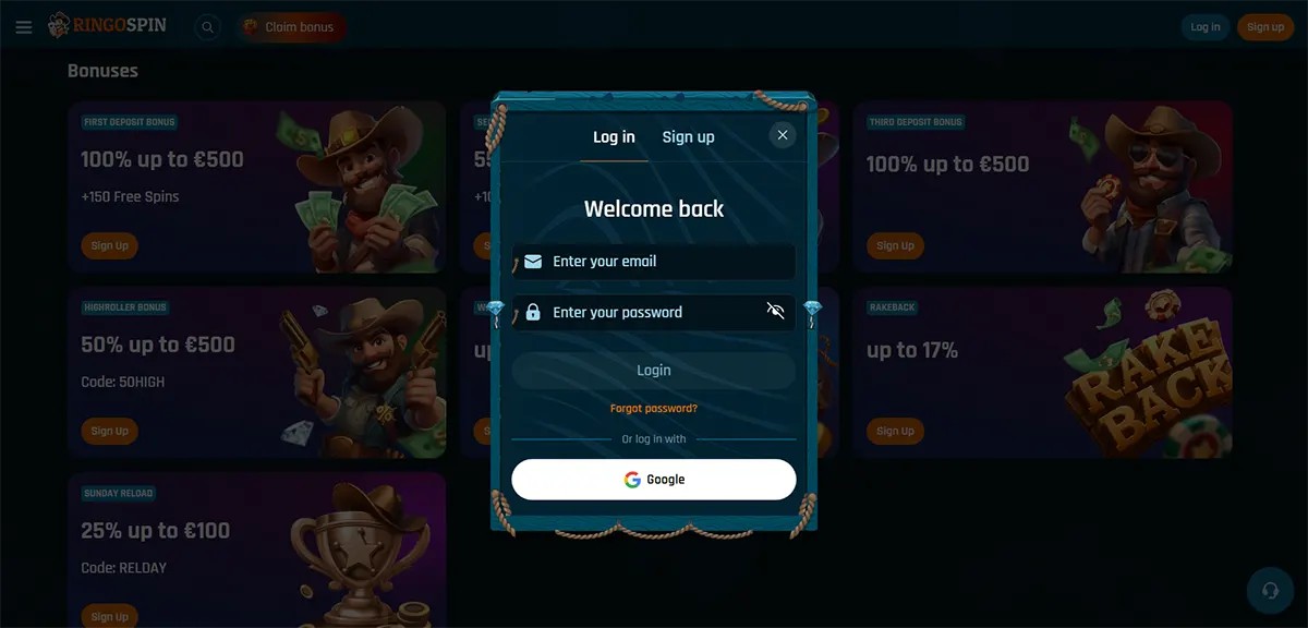 “RingoSpin casino login pop-up centered on a dark bonuses page, showing ‘Welcome back’ with email and password fields, a Login button, ‘Forgot password?’ link, and Google sign-in, over blurred bonus tiles in the background.”