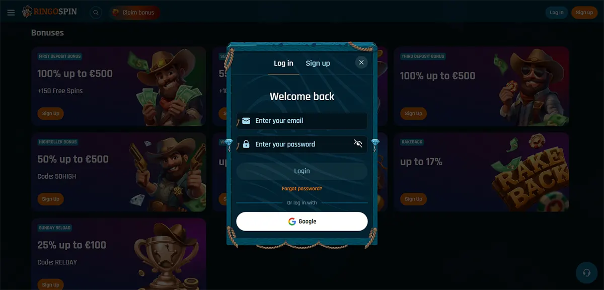 “RingoSpin casino login pop-up centered on a dark bonuses page, showing ‘Welcome back’ with email and password fields, a Login button, ‘Forgot password?’ link, and Google sign-in, over blurred bonus tiles in the background.”